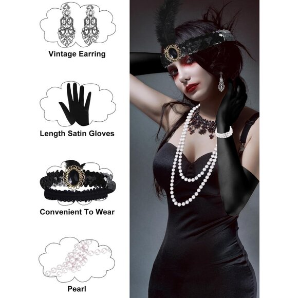 1920s Flapper Accessories Set Feather Headband Long Gloves Earrings Necklace - Picture 3 of 6